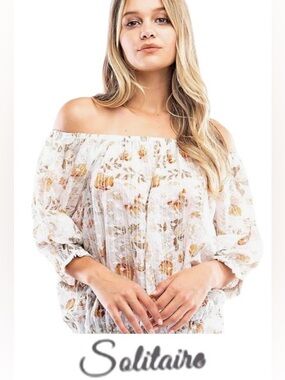 2X Solitaire Puff-Sleeve Boho Peasant Top in Ivory, Cream and Khaki